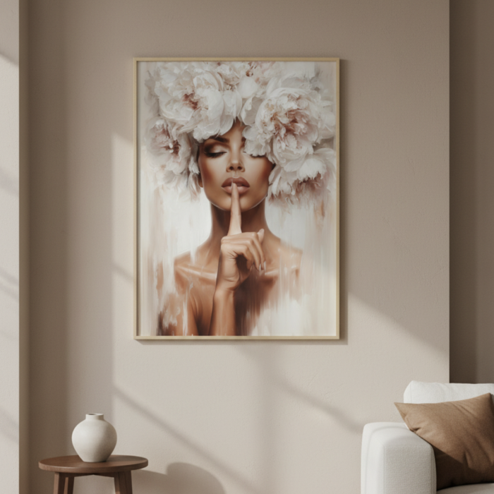 plakat portret kobiety z kwiatami na głowie w beżowej kolorystyce