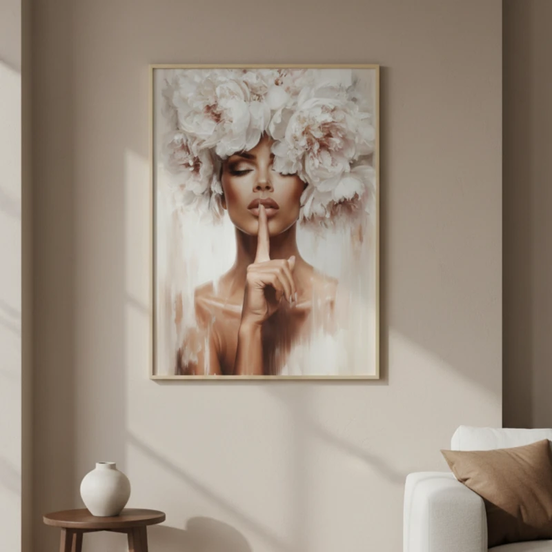 plakat portret kobiety z kwiatami na głowie w beżowej kolorystyce