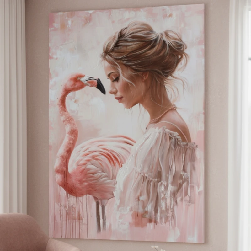 portret kobiety z flamingiem w kolorach różowych