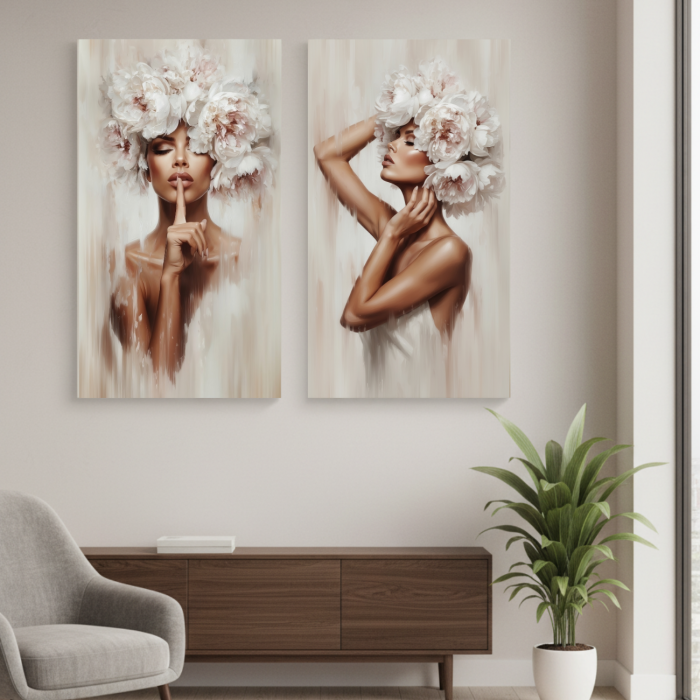 zestaw 2 obrazów na płótnie kobieta z kwiatami peonie beżowe obrazy do salonu glamour