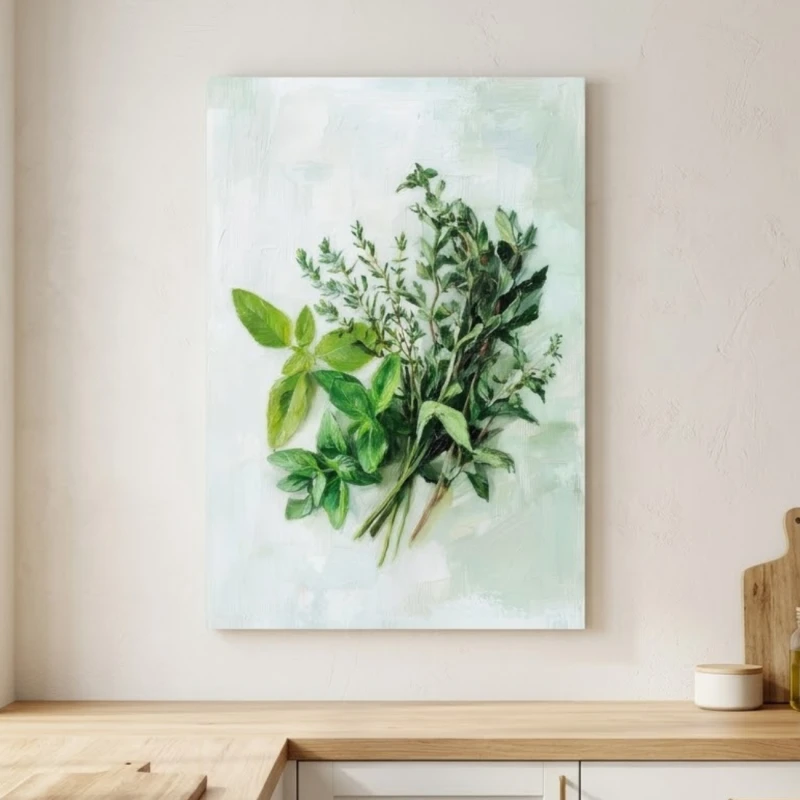 Bukiet świeżych ziół – bazylia, tymianek, rozmaryn – botaniczny obraz do kuchni, kuchnia obraz na płótnie