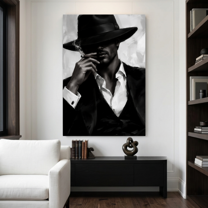 Czarno-biały obraz mężczyzny w kapeluszu z cygarem, elegancki portret glamour