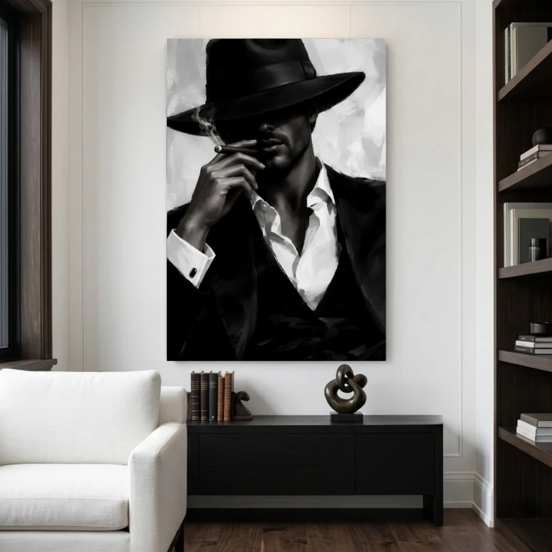 Czarno-biały obraz mężczyzny w kapeluszu z cygarem, elegancki portret glamour