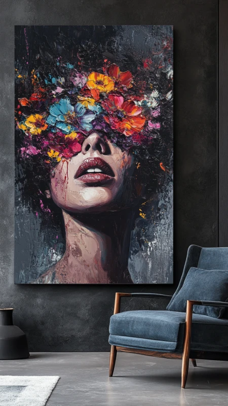 Portret kobiety z kwiatową maską z niebieskich, żółtych, czerwonych i fioletowych płatków