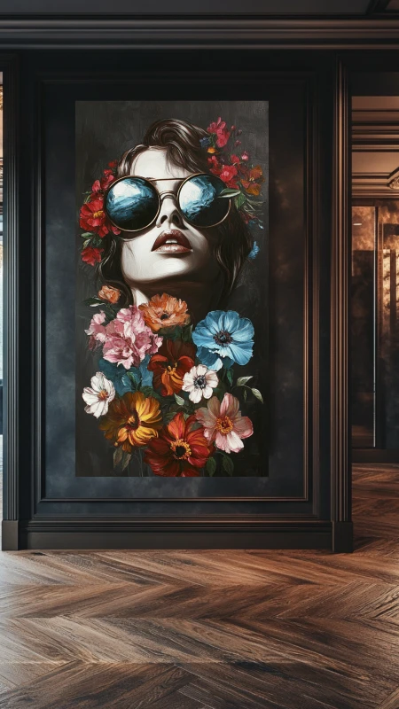 Nowoczesny portret kobiety z lustrzanymi okularami i bukietem kwiatów