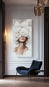 Elegancki portret kobiety otoczonej białymi piwoniami – dekoracja do salonu