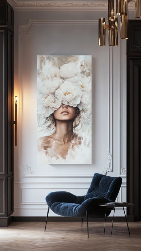 Elegancki portret kobiety otoczonej białymi piwoniami – dekoracja do salonu