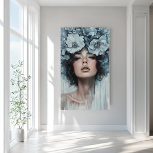Nowoczesny obraz  – portret kobiety w kwiatach w niebieskich odcieniach