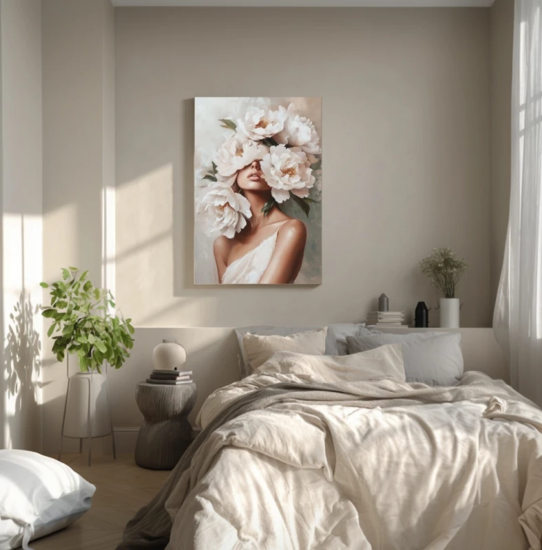 Portret kobiety z twarzą zakrytą przez kremowe piwonie