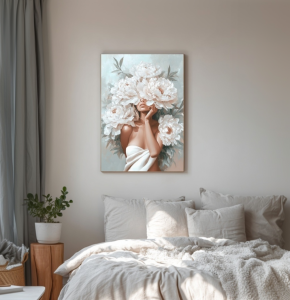 Portret kobiety z zasłoniętą twarzą przez kwiaty piwonii