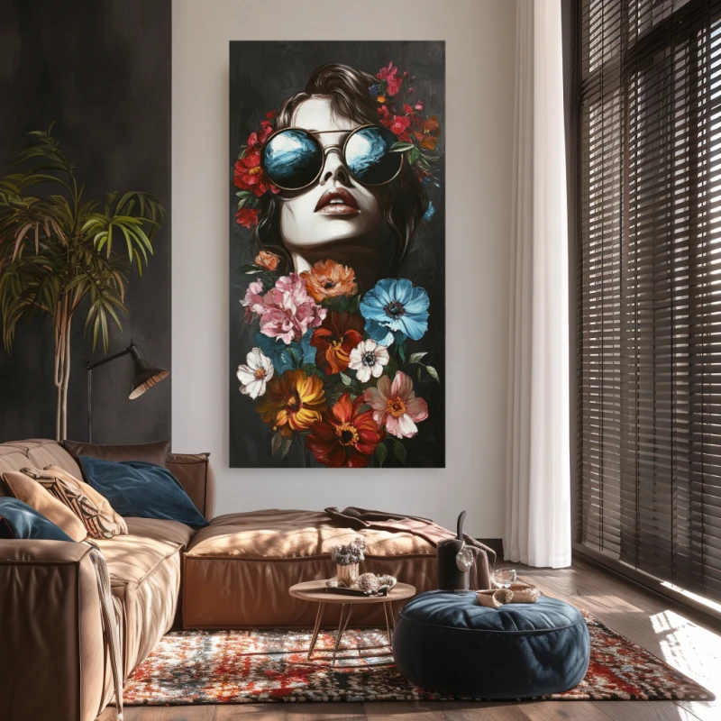 Portret kobiety na czarnym tle z wielobarwnymi kwiatami idealny obraz do salonu