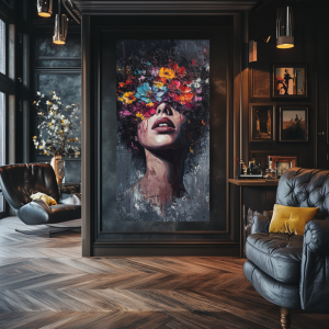 Abstrakcyjny portret kobiety z twarzą zakrytą ekspresyjną kompozycją kolorowych kwiatów na ciemnym tle