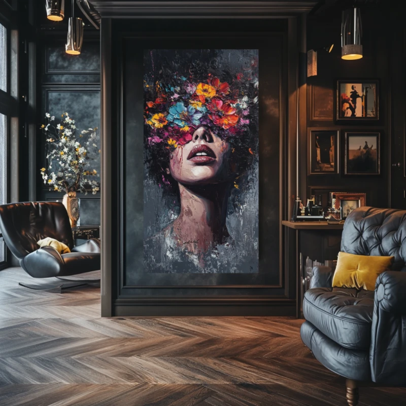 Abstrakcyjny portret kobiety z twarzą zakrytą ekspresyjną kompozycją kolorowych kwiatów na ciemnym tle